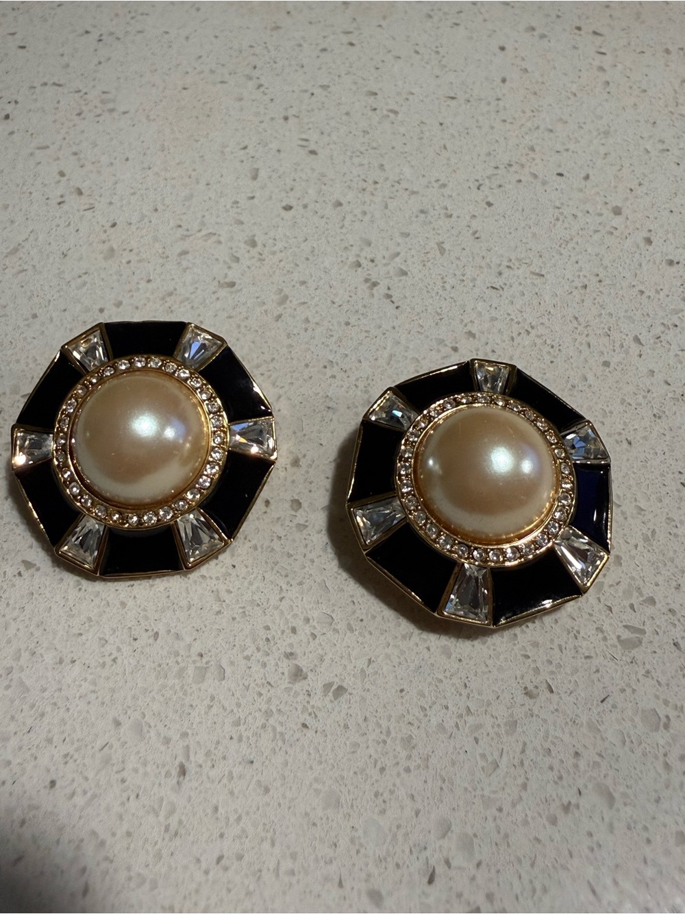 Vintage signed St John Gold Pearl and Black Enamel Statement Earrings